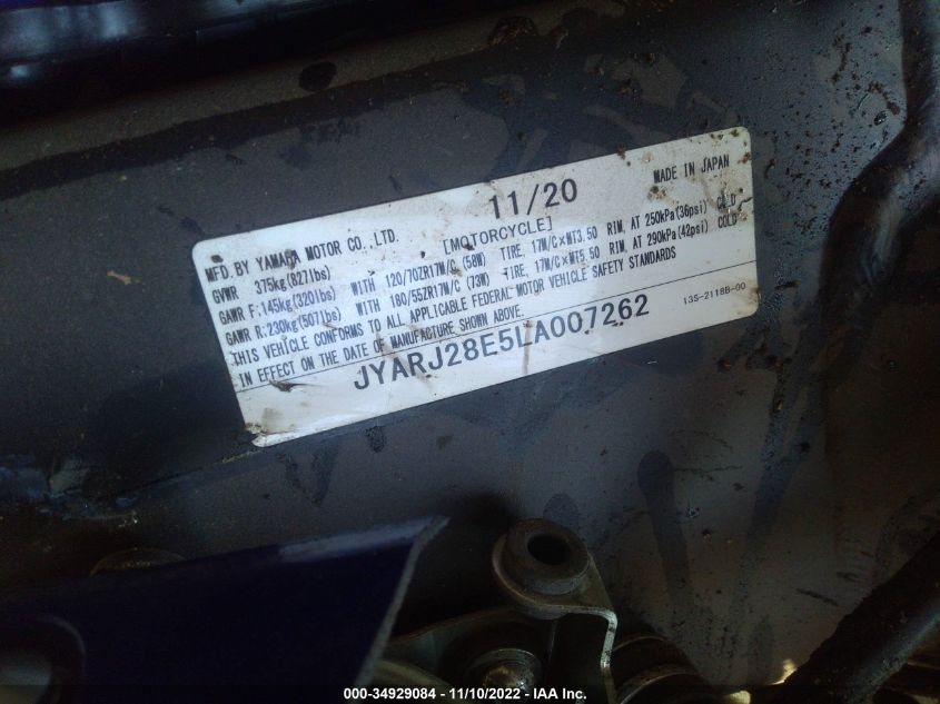 2020 YAMAHA YZFR6 JYARJ28E5LA007262