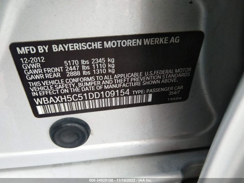 2013 BMW 5 SERIES 528I XDRIVE WBAXH5C51DD109154