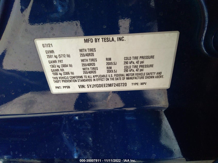 VIN 5YJYGDEE2MF240720 2021 TESLA MODEL Y LONG RANGE