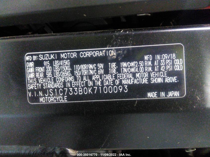 2019 SUZUKI DL650 A/X JS1C733B0K7100093
