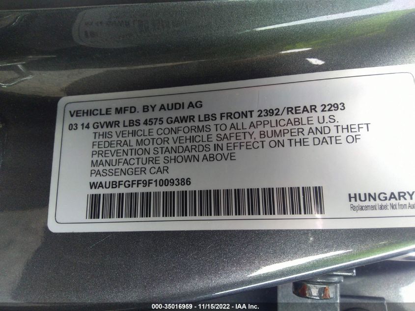 2015 AUDI S3/A3 2.0T PREMIUM WAUBFGFF9F1009386