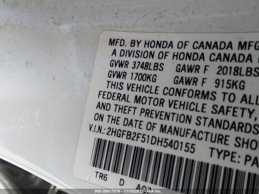 2013 HONDA CIVIC SDN LX 2HGFB2F51DH540155