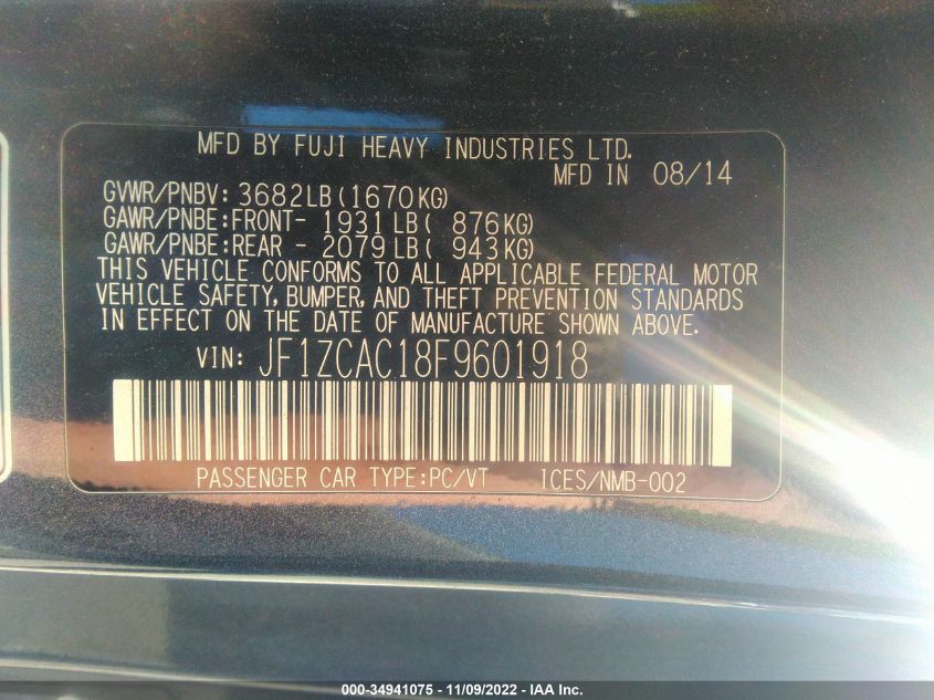 2015 SUBARU BRZ LIMITED JF1ZCAC18F9601918