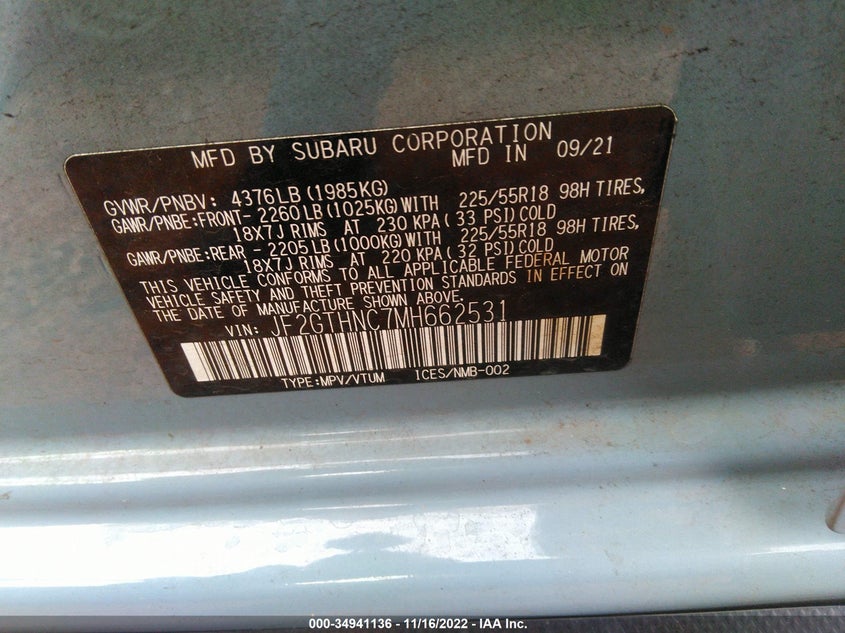 VIN JF2GTHNC7MH662531 2021 SUBARU CROSSTREK LIMITED