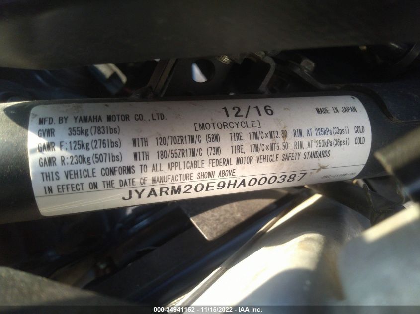 2017 YAMAHA FZ07A JYARM20E9HA000387