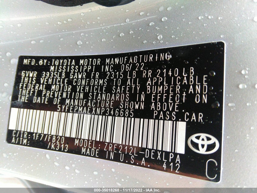 VIN 5YFEPMAEXNP346685 2022 TOYOTA COROLLA LE