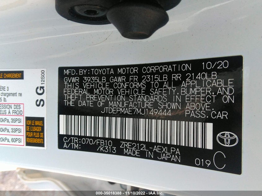 VIN JTDEPMAE7MJ149444 2021 TOYOTA COROLLA LE
