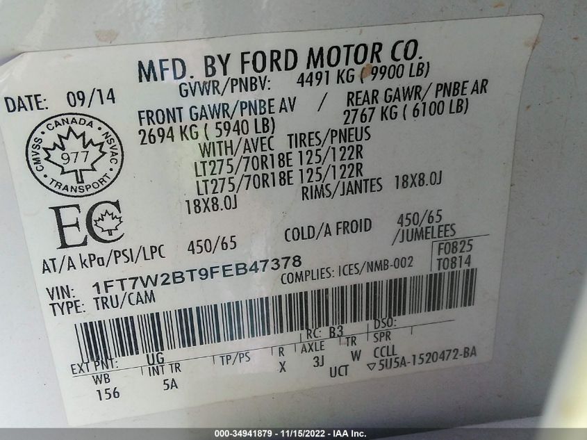 2015 FORD SUPER DUTY F-250 SRW LARIAT/PLATINUM 1FT7W2BT9FEB47378