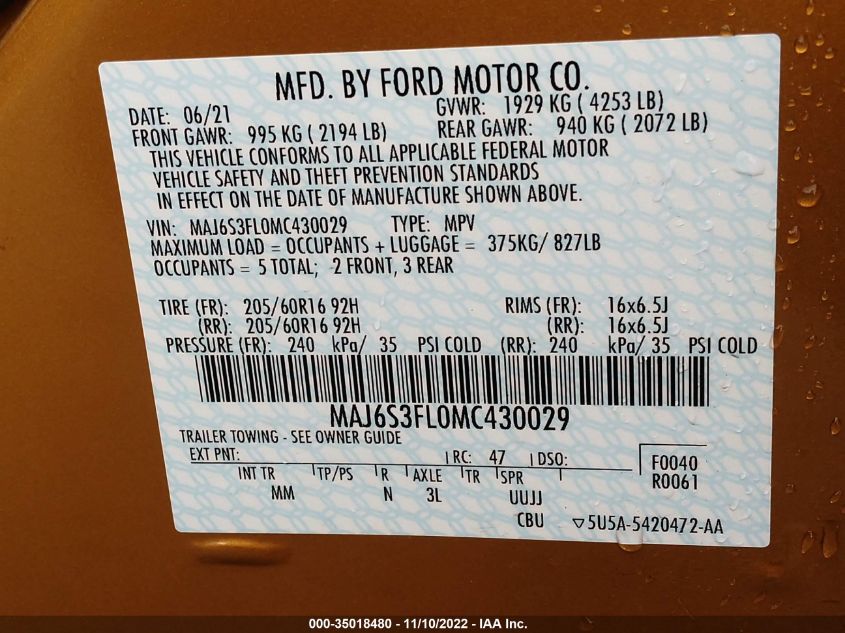 2021 FORD ECOSPORT S MAJ6S3FL0MC430029