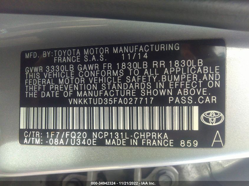 2015 TOYOTA YARIS L/SE/LE VNKKTUD35FA027717