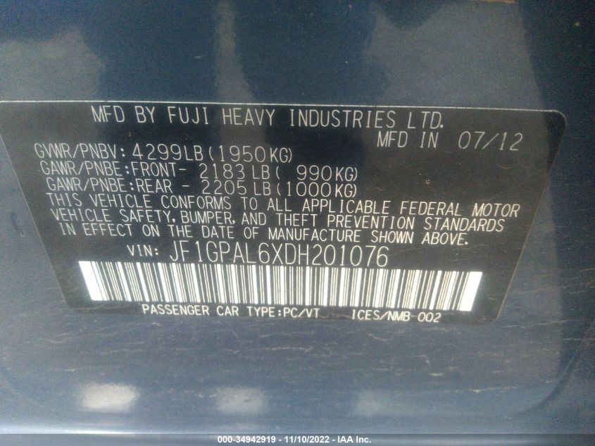 2013 SUBARU IMPREZA WAGON 2.0I SPORT PREMIUM - JF1GPAL6XDH201076