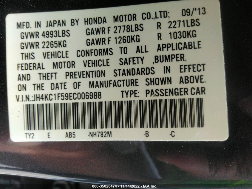 2014 ACURA RLX TECH PKG JH4KC1F59EC006988