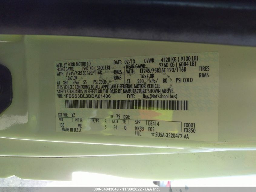 2013 FORD ECONOLINE WAGON XL/XLT 1FBSS3BL3DDA61406