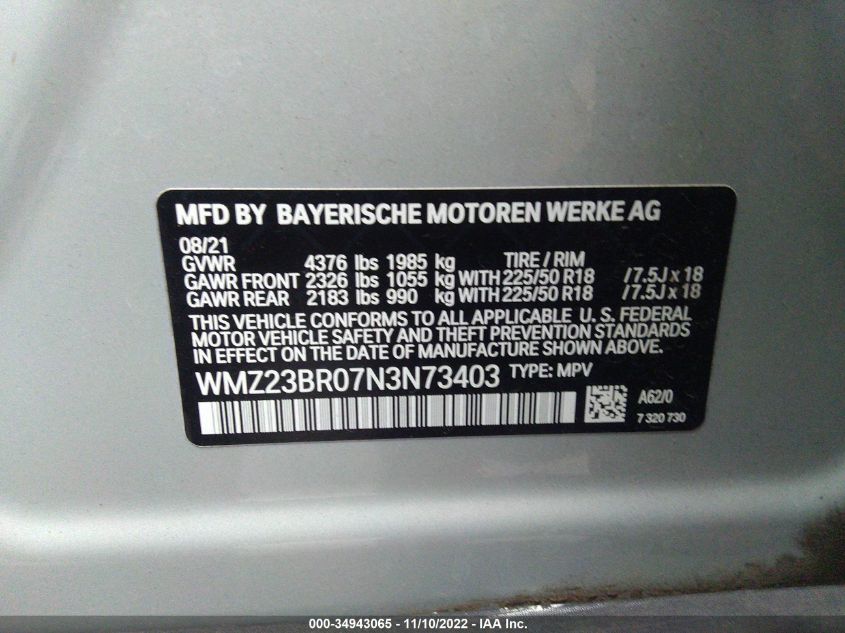 2022 MINI COUNTRYMAN COOPER WMZ23BR07N3N73403