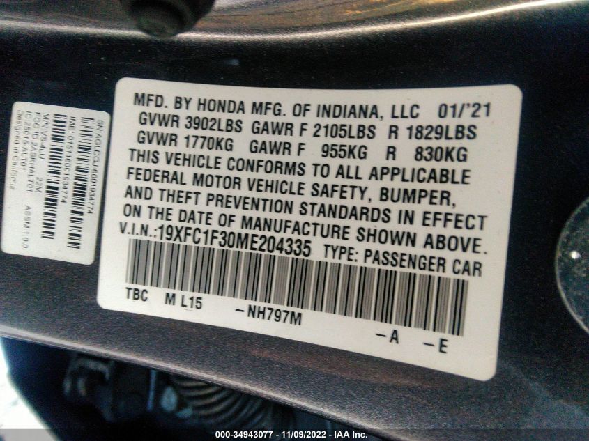 VIN 19XFC1F30ME204335 2021 HONDA CIVIC SEDAN no.9