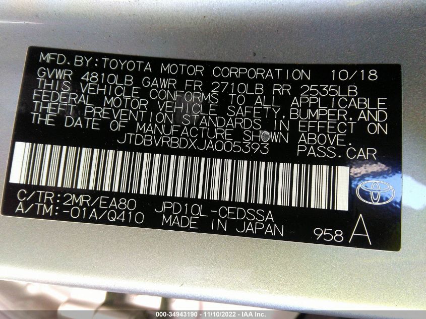 2018 TOYOTA MIRAI JTDBVRBDXJA005393