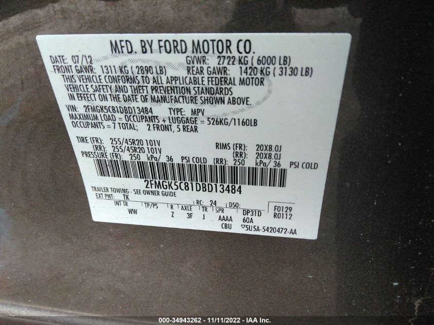 2013 FORD FLEX SEL 2FMGK5C81DBD13484