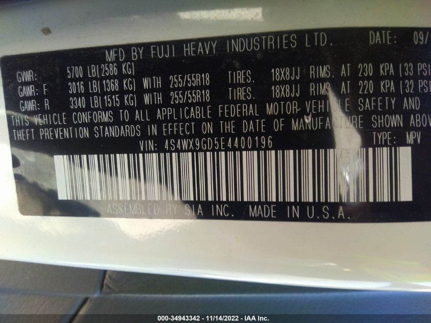 2014 SUBARU TRIBECA LIMITED 4S4WX9GD5E4400196