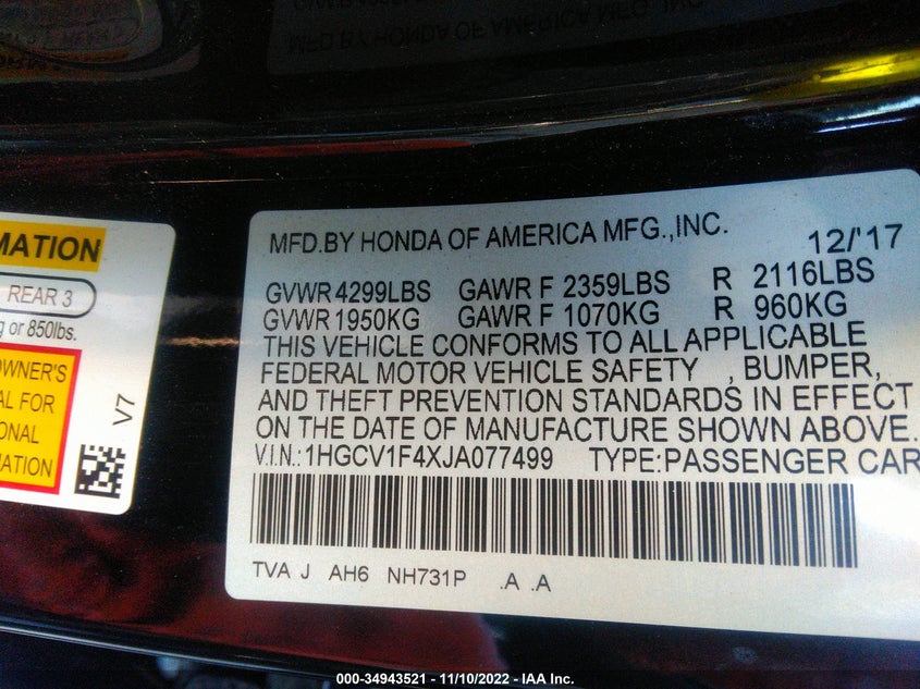 VIN 1HGCV1F4XJA077499 2018 HONDA ACCORD SEDAN EX 1.5T