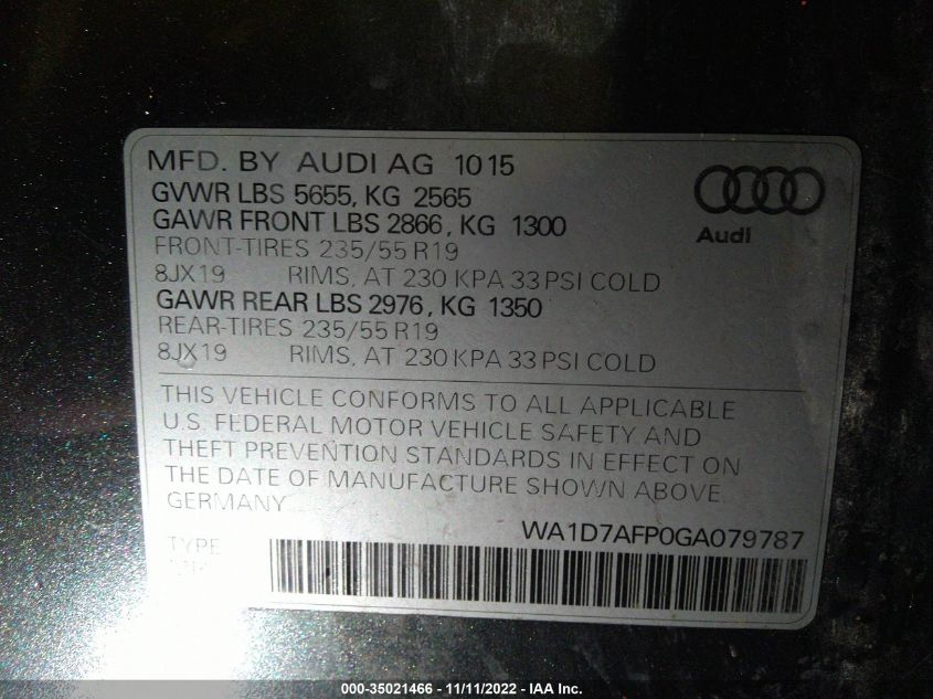 VIN WA1D7AFP0GA079787 2016 AUDI Q5 no.9