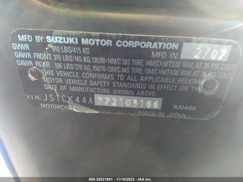 2007 SUZUKI AN400 JS1CK44A772103166