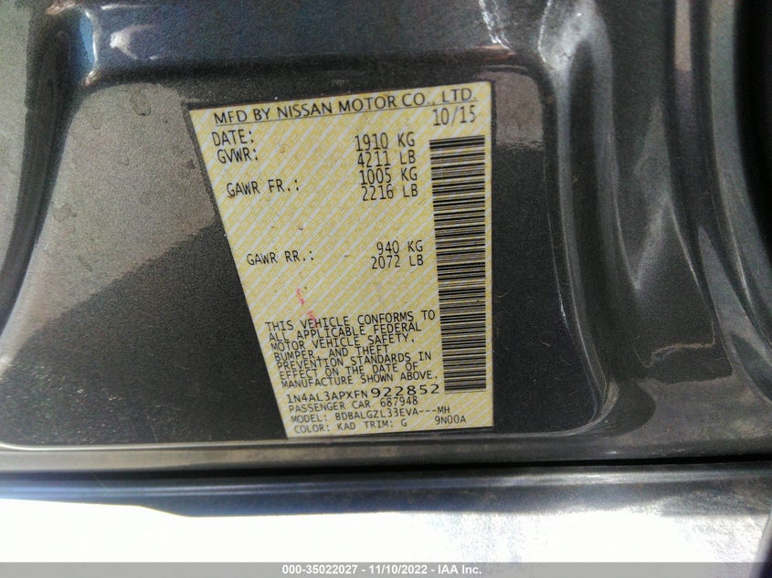 2015 NISSAN ALTIMA VIN: 1N4AL3APXFN922852