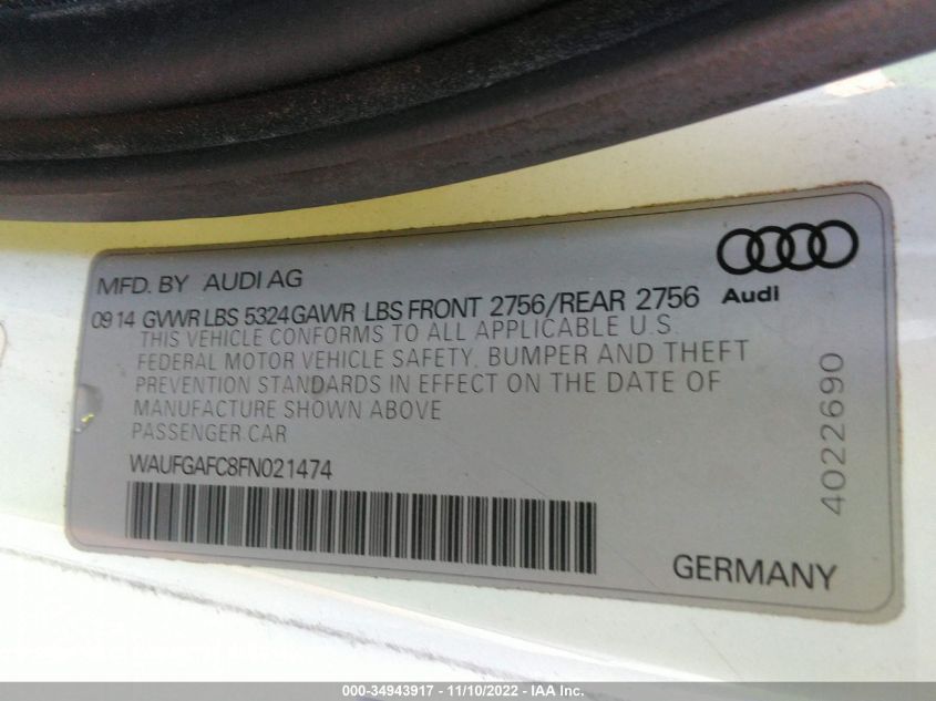 2015 AUDI A6 3.0T PREMIUM PLUS WAUFGAFC8FN021474