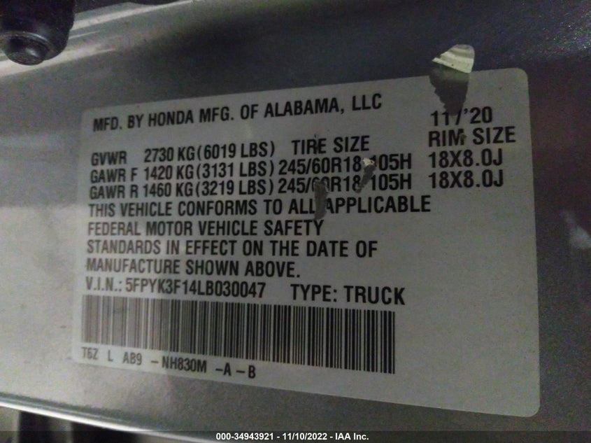 VIN 5FPYK3F14LB030047 2020 HONDA RIDGELINE SPORT