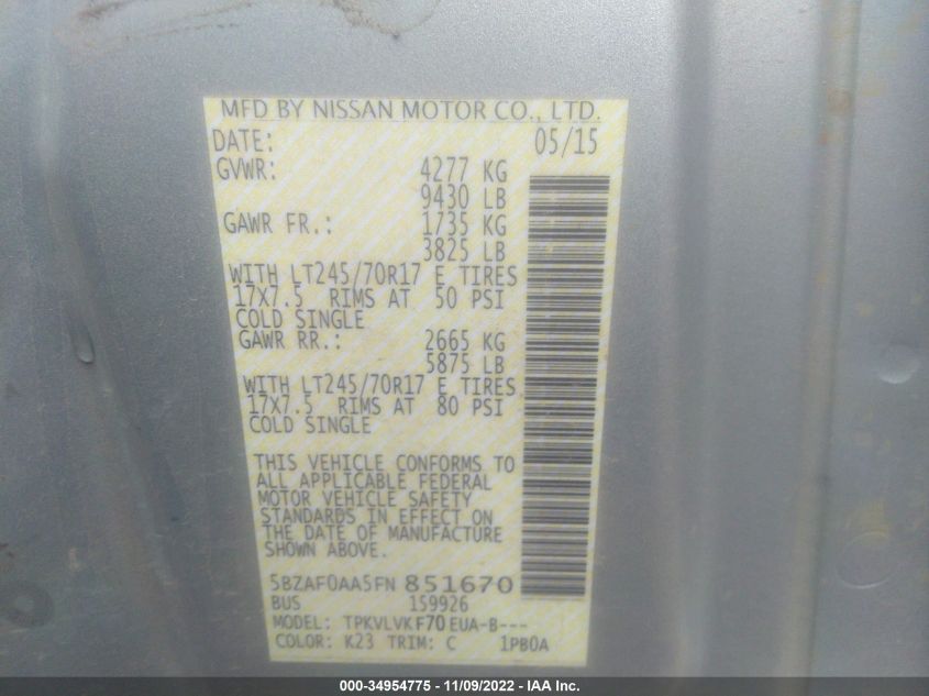 2015 NISSAN NVP SL 5BZAF0AA5FN851670