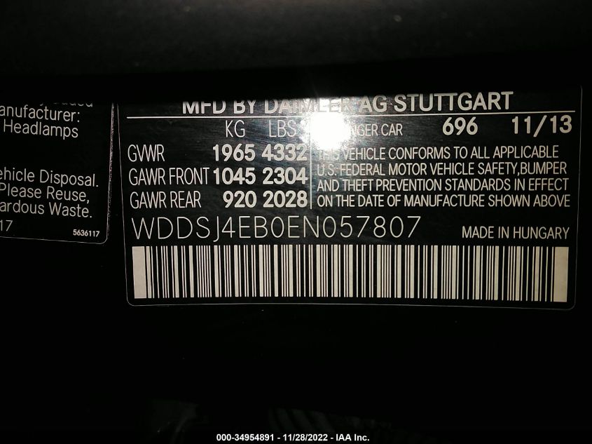 2014 MERCEDES-BENZ CLA-CLASS CLA 250 00DSJ4EB0EN057807