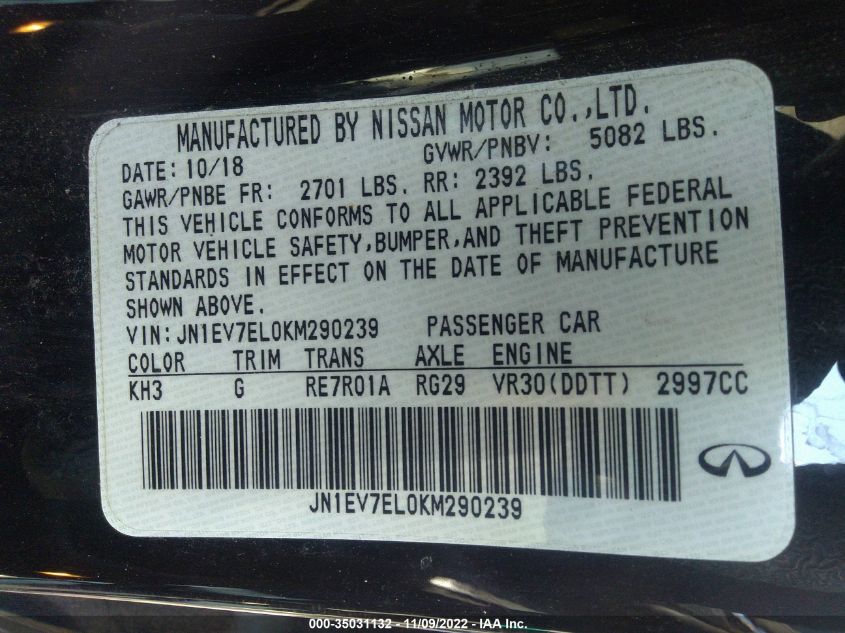 2019 INFINITI Q60 3.0T LUXE JN1EV7EL0KM290239