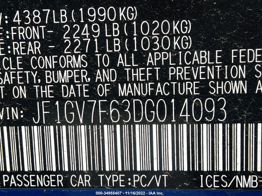 2013 SUBARU IMPREZA SEDAN WRX WRX JF1GV7F63DG014093