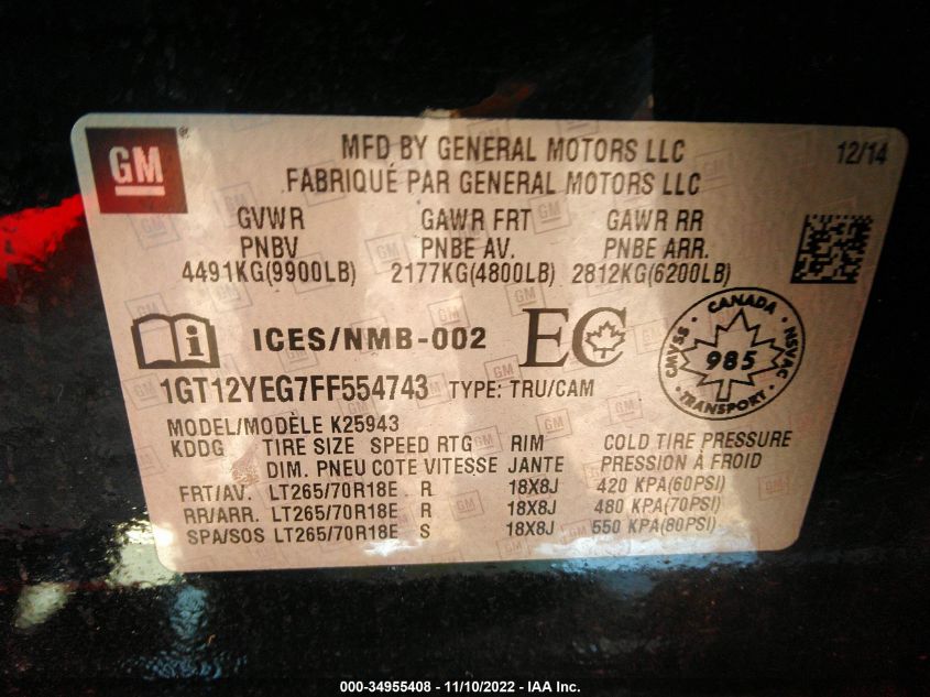2015 GMC SIERRA 2500HD SLE 1GT12YEG7FF554743