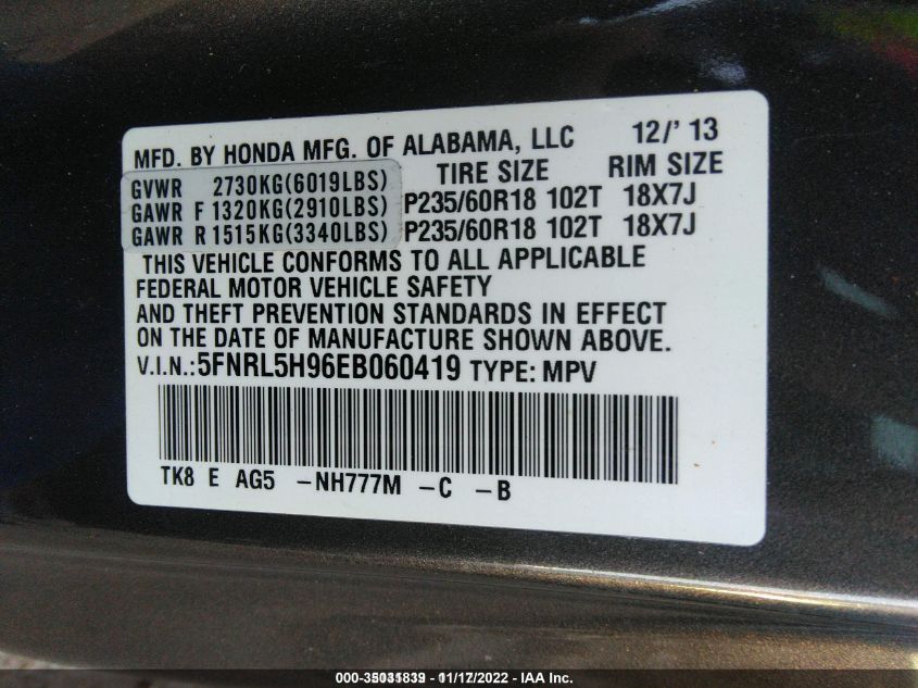 2014 HONDA ODYSSEY TOURING 5FNRL5H96EB060419