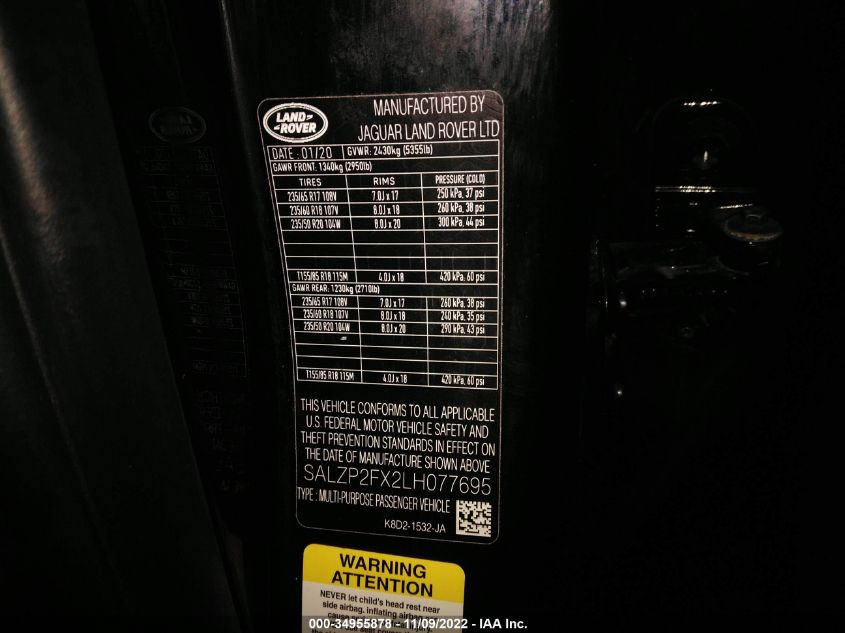 2020 LAND ROVER RANGE ROVER EVOQUE SE 00LZP2FX2LH077695