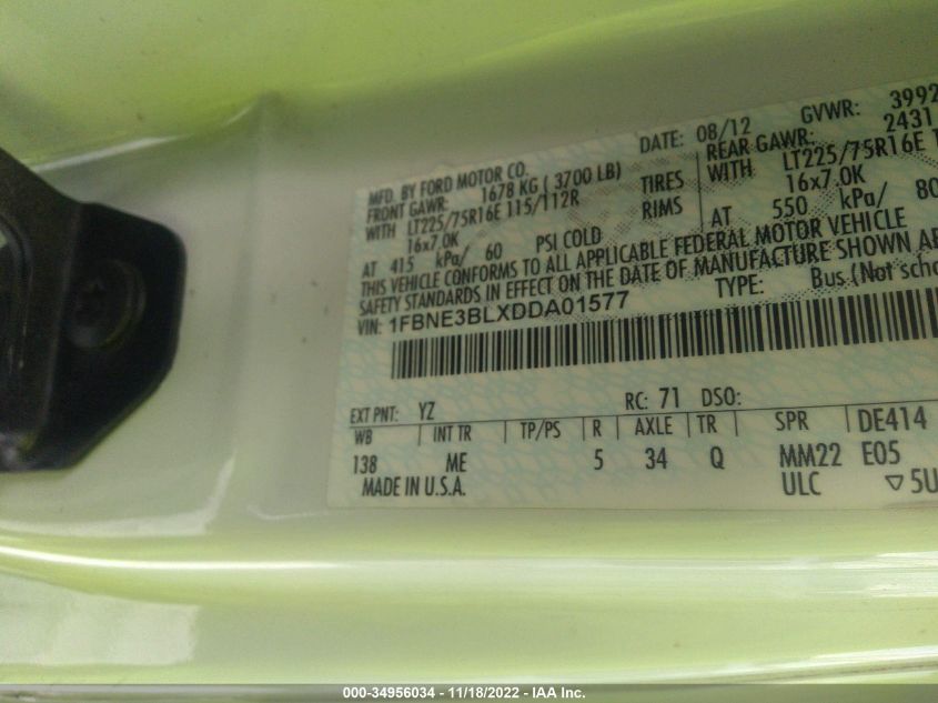 2013 FORD ECONOLINE WAGON XL/XLT 1FBNE3BLXDDA01577