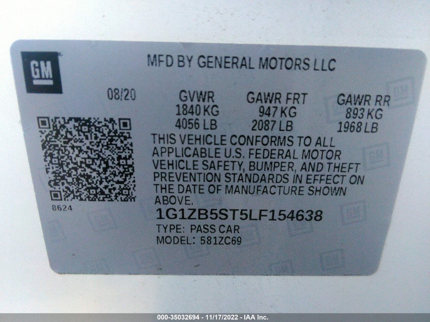 VIN 1G1ZB5ST5LF154638 2020 CHEVROLET MALIBU LS