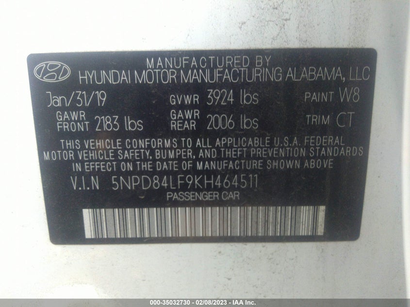 VIN 5NPD84LF9KH464511 2019 HYUNDAI ELANTRA SEL
