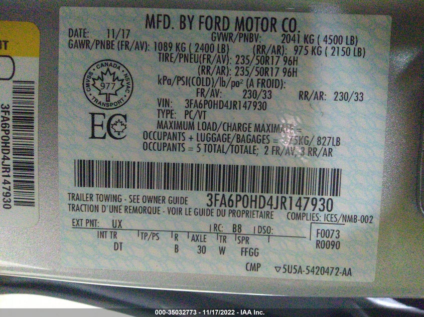 VIN 3FA6P0HD4JR147930 2018 FORD FUSION SE