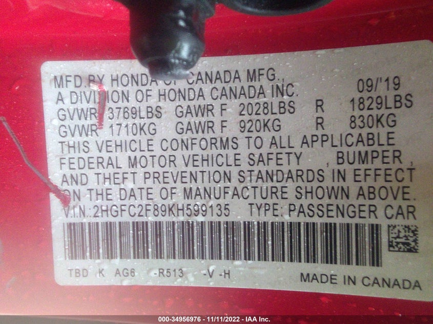 VIN 2HGFC2F89KH599135 2019 HONDA CIVIC SEDAN SPORT