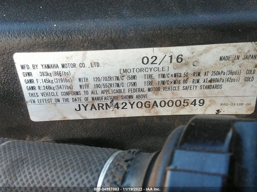 2016 YAMAHA YZFR1S C JYARN42Y0GA000549