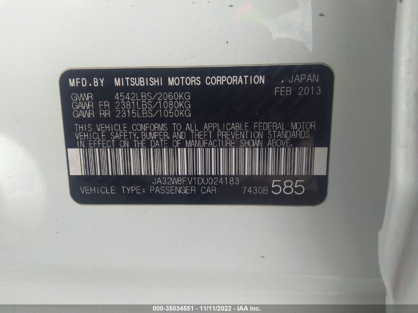 2013 MITSUBISHI LANCER EVOLUTION GSR JA32W8FV1DU024183