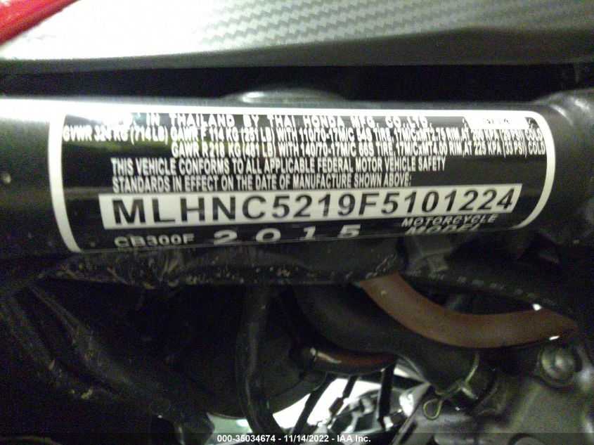 2015 HONDA CB300 F MLHNC5219F5101224
