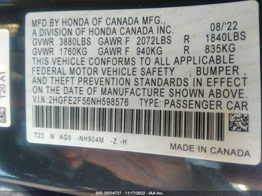 VIN 2HGFE2F56NH598576 2022 HONDA CIVIC SEDAN SPORT
