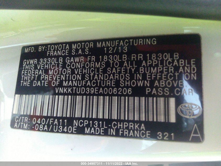 2014 TOYOTA YARIS L/LE VNKKTUD39EA006206