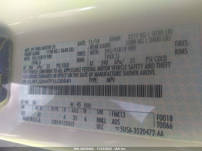 2015 LINCOLN MKC 5LMTJ2AH7FUJ30541