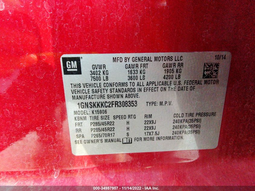 2015 CHEVROLET SUBURBAN LTZ 1GNSKKKC2FR308353