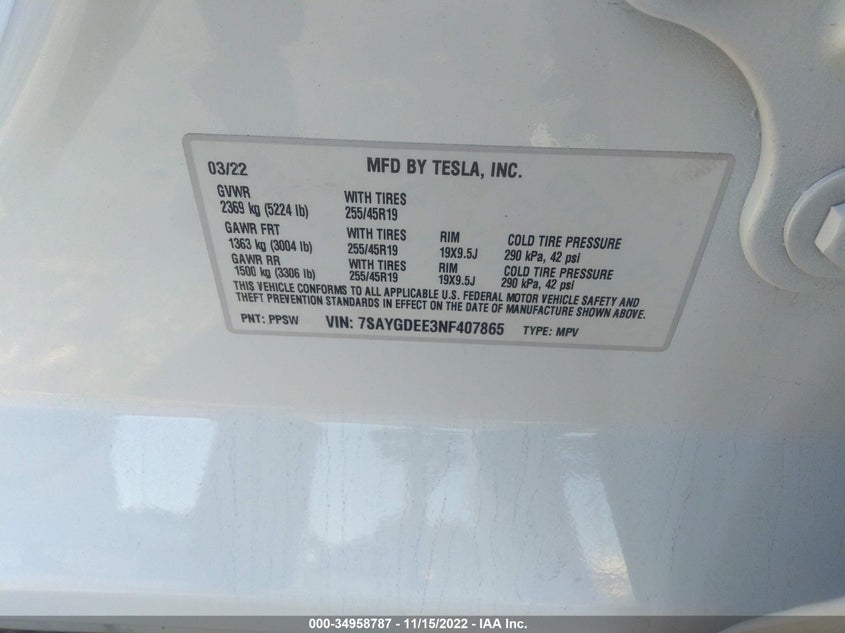VIN 7SAYGDEE3NF407865 2022 TESLA MODEL Y LONG RANGE