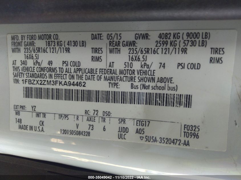 2015 FORD TRANSIT WAGON XL/XLT 1FBZX2ZM3FKA94462