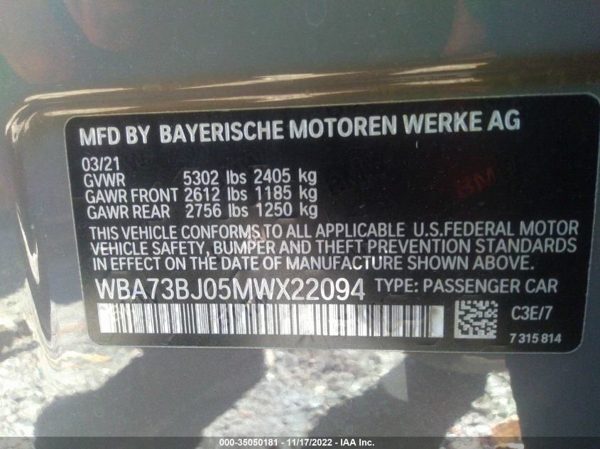 2021 BMW 5 SERIES 540I XDRIVE WBA73BJ05MWX22094